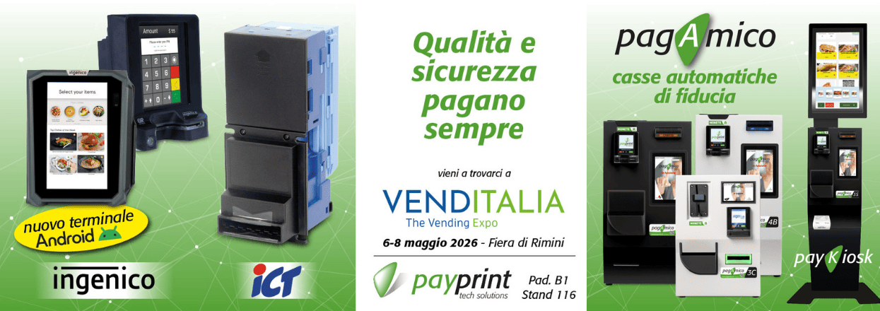 Gamma di soluzioni PayprinT per Venditalia 2026: cassa automatica Pagamico, terminali Ingenico Android e moduli ICT